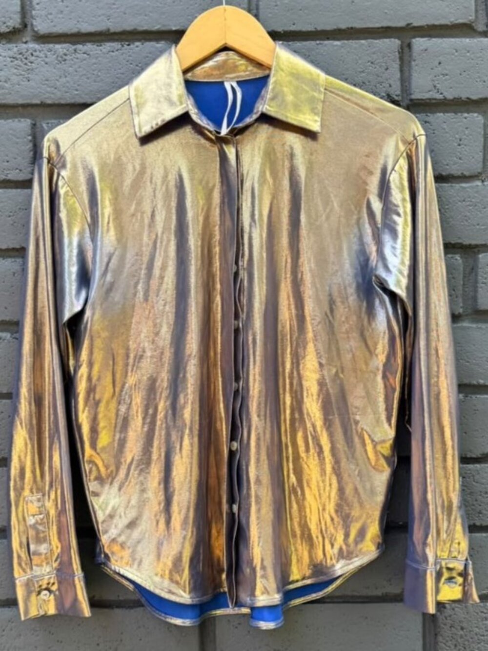 Anthropologie The Gillian Gold Silver Metallic Liquid Shine Button Up Shirt Disc